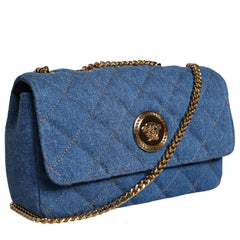 Versace Blue Quilted Denim Leather Crossbody Shoulder Bag